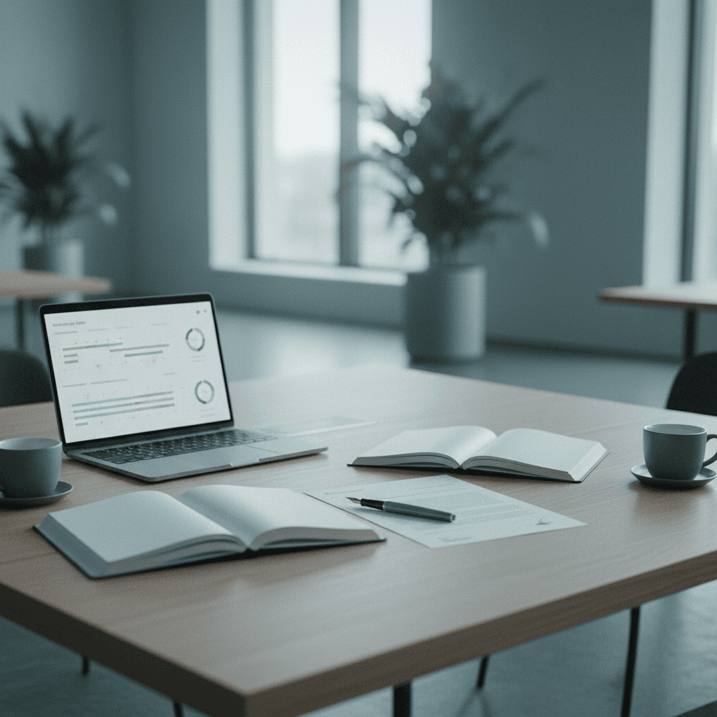 Professional handshake with contract documents and a laptop on a desk in a consultancy setting