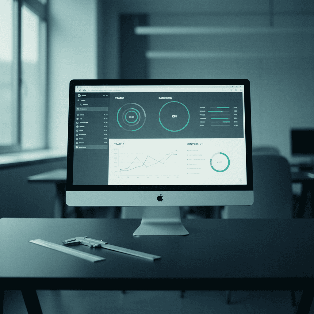 SEO measurement dashboard with KPIs and performance metrics on a monitor in an analytical teal setting