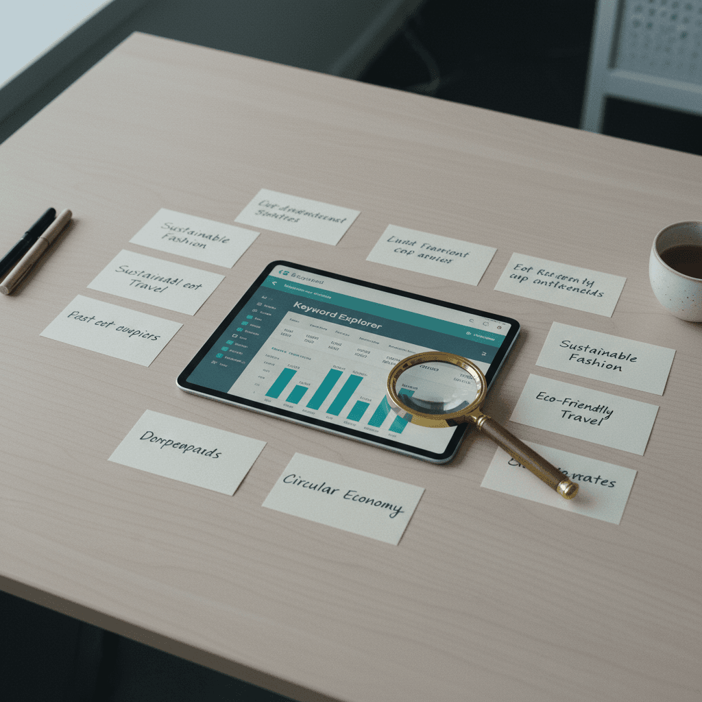 Keyword research with SEO tools on screen and keyword clustering notes on paper in a professional setting