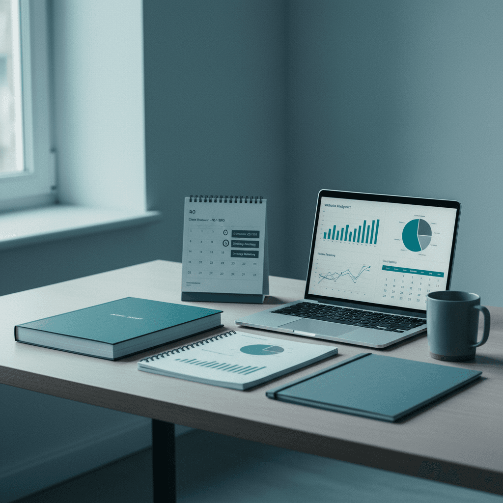 SEO strategy documents, reports and checklists on a desk representing a comprehensive consultancy service