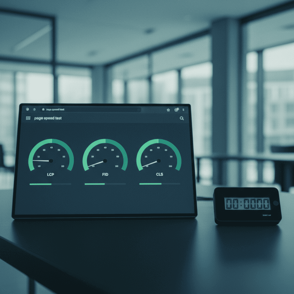 Web speed metrics and performance scores on screen with visual optimisation indicators in teal