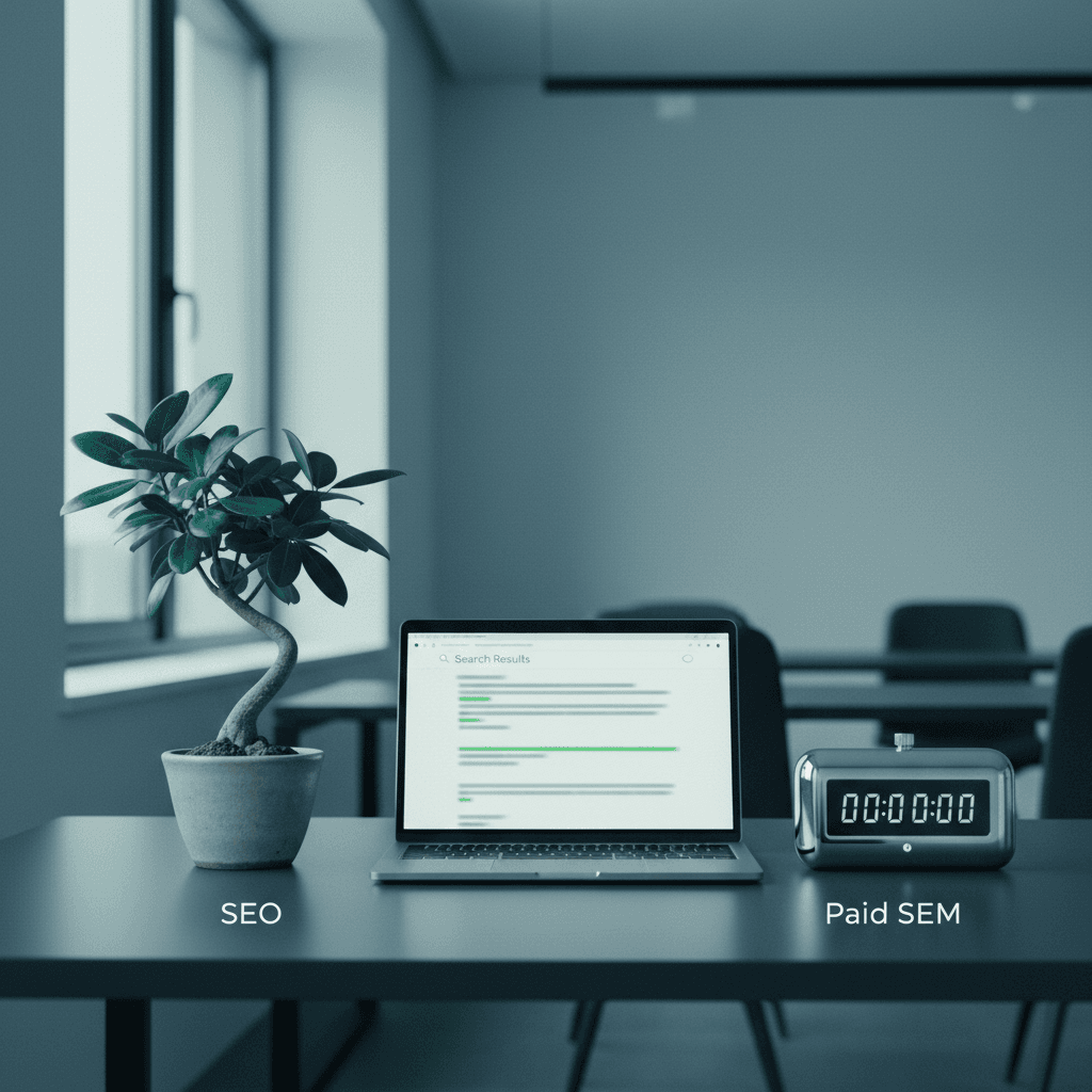 Two visual paths representing organic SEO and paid SEM converging on a common goal