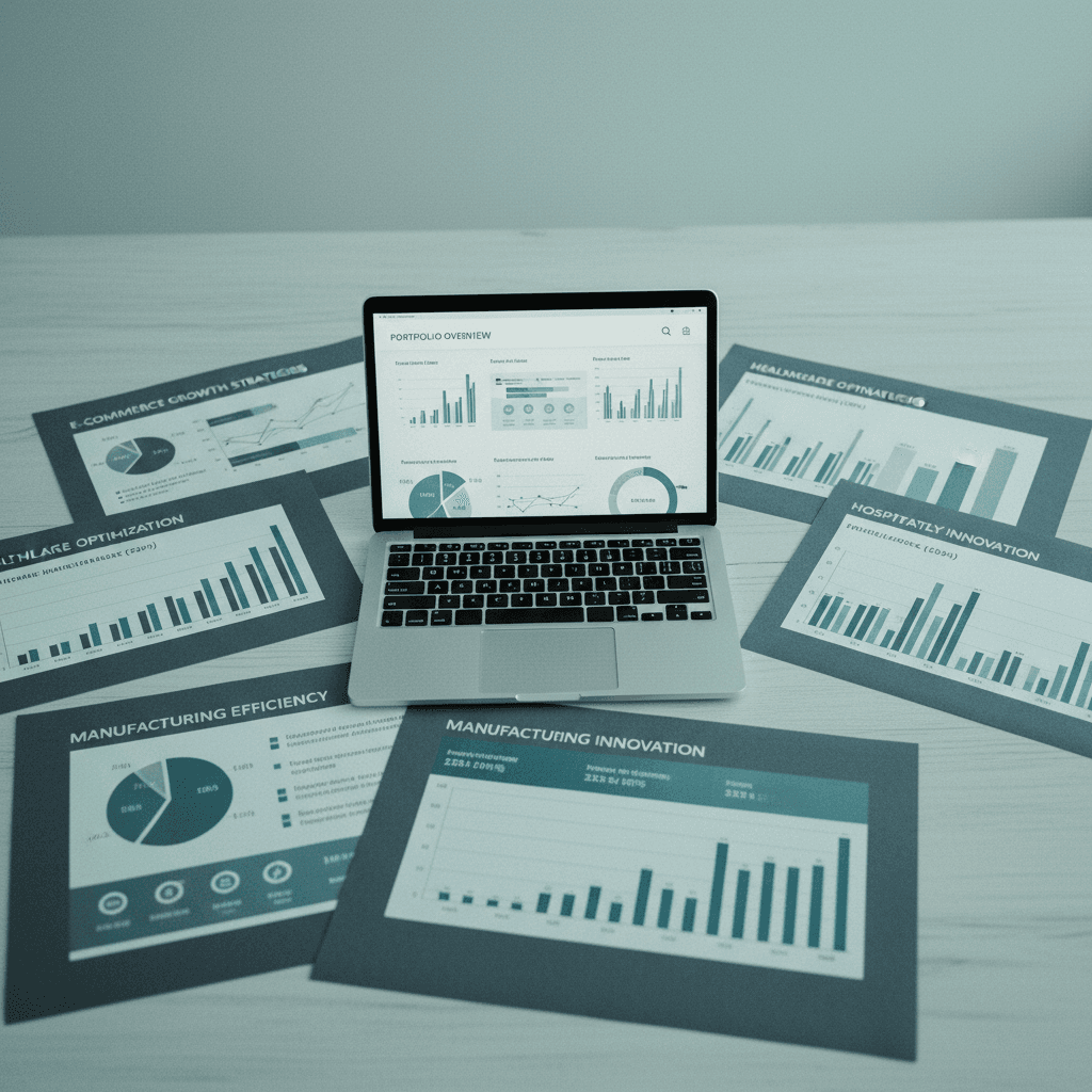 Portfolio of case studies and results from various sectors on a professional desk with teal elements