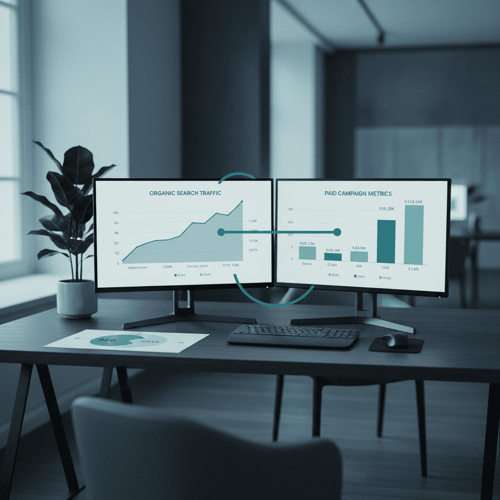 Integrated dashboard showing SEO and Google Ads metrics side by side with synergies highlighted in teal