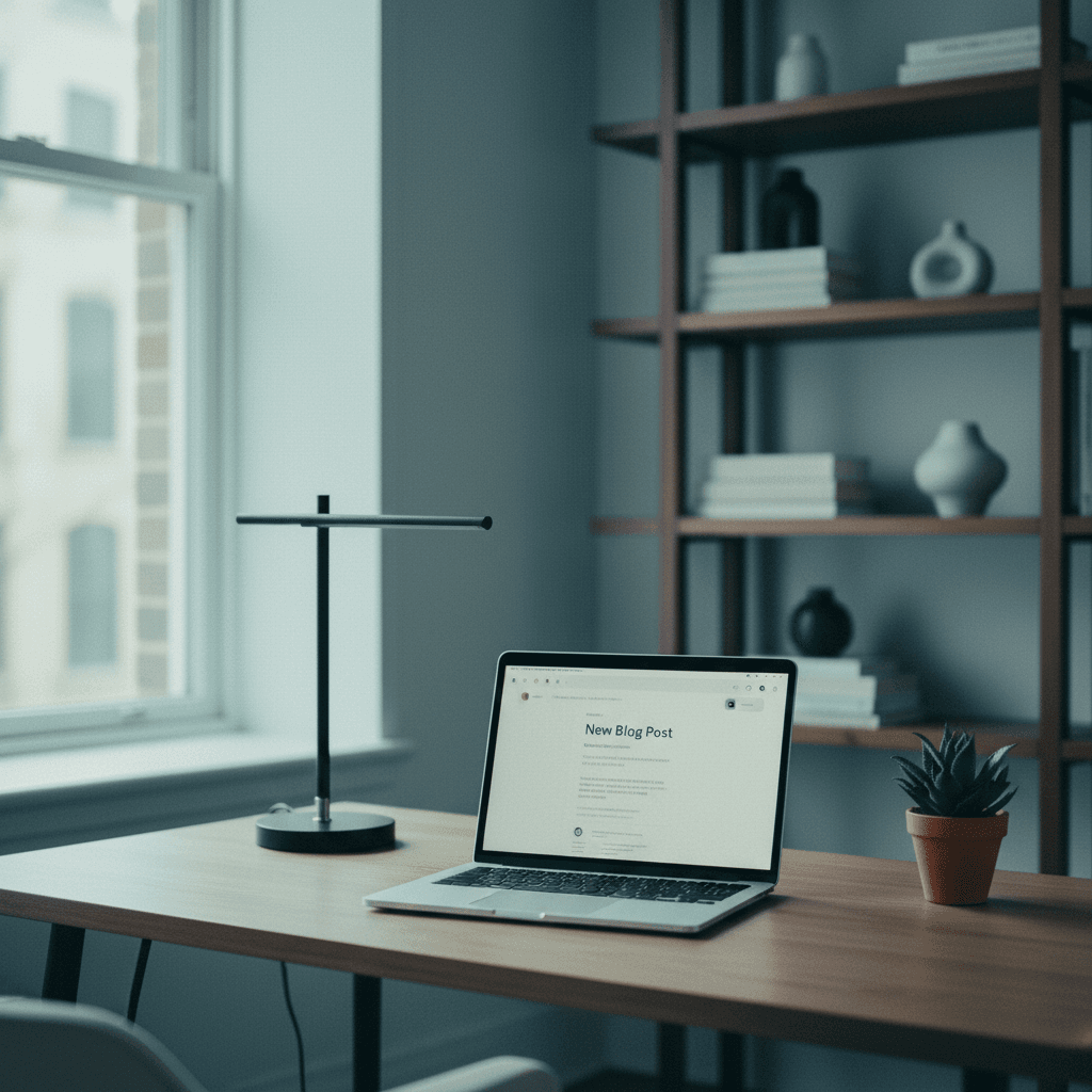 Person managing website content through an intuitive CMS on a laptop in a professional home setting