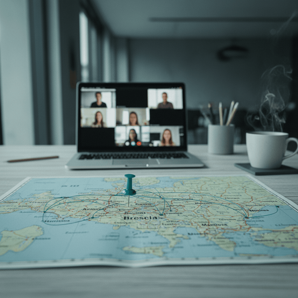 Map of Italy with digital connections radiating from Brescia to other cities in a teal visualisation