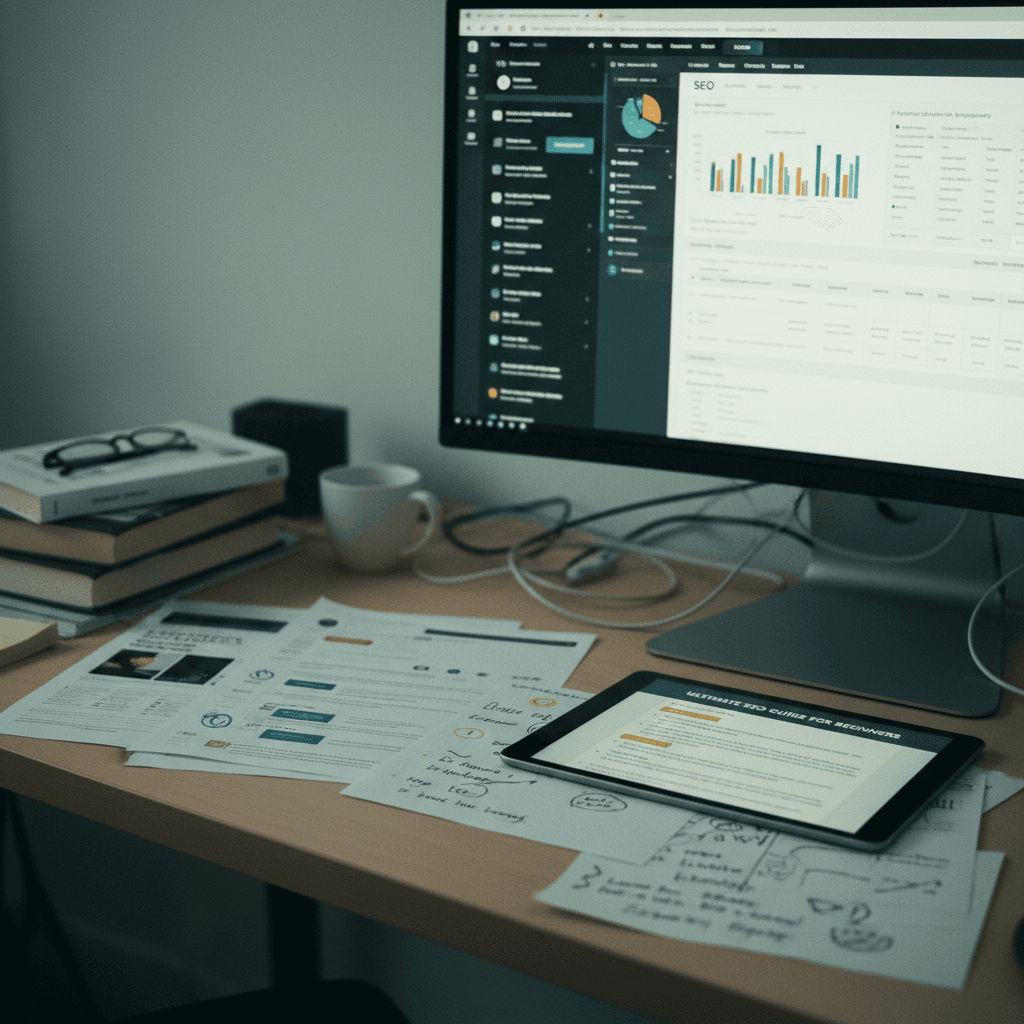 Person studying SEO guides on a tablet with notes next to professional analysis tools