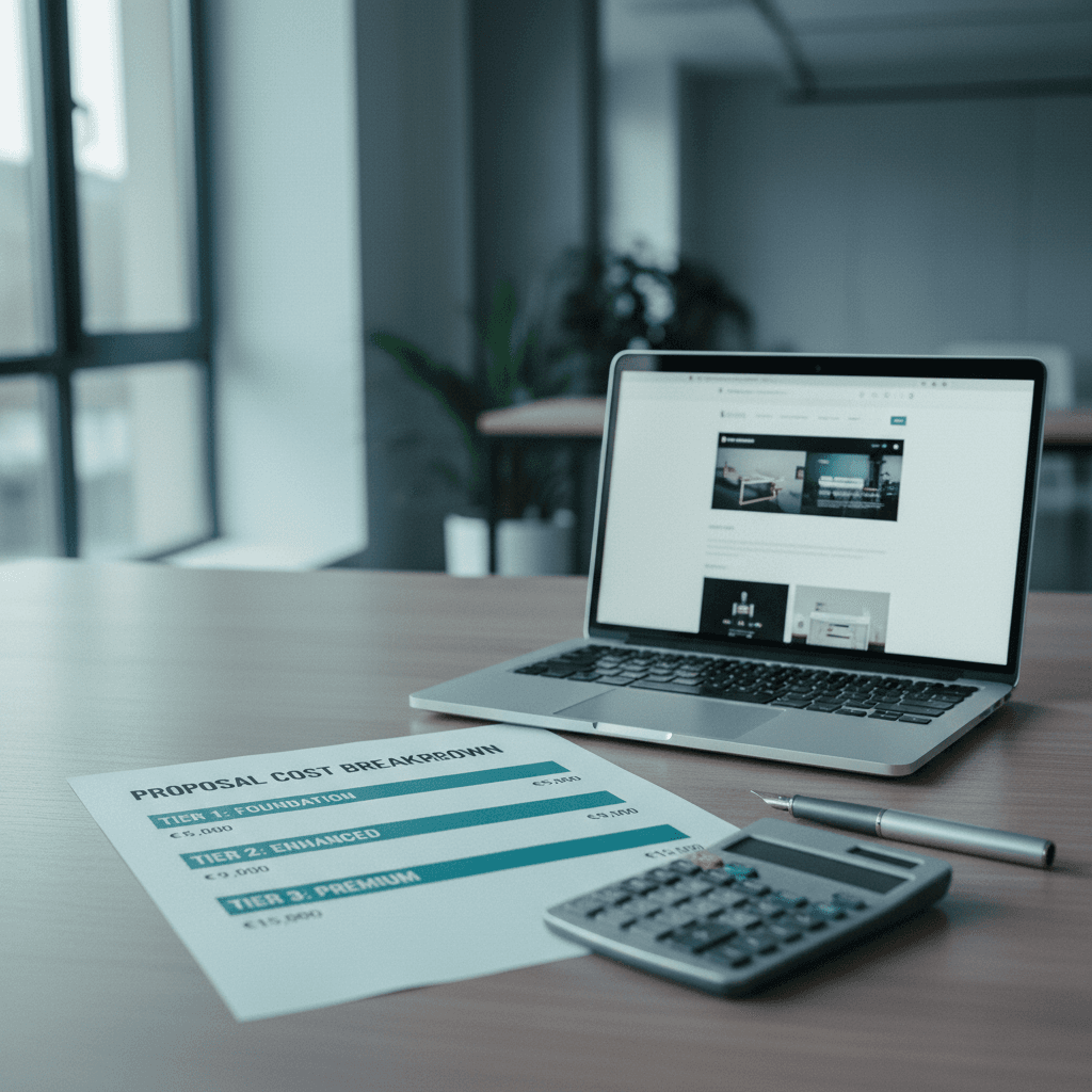 Detailed website quote with technical specifications and costs on professional documents in a teal palette