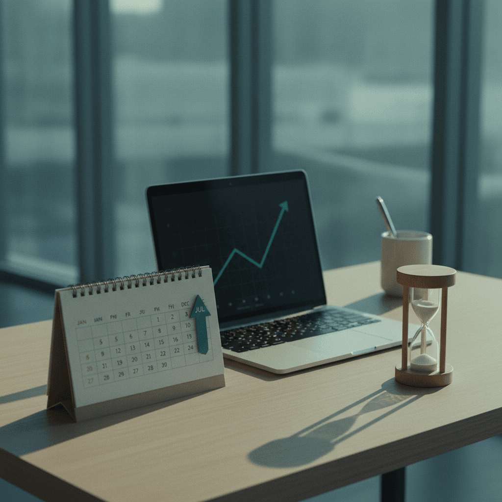 Calendar and gradual SEO growth charts on a desk representing the patience needed for results
