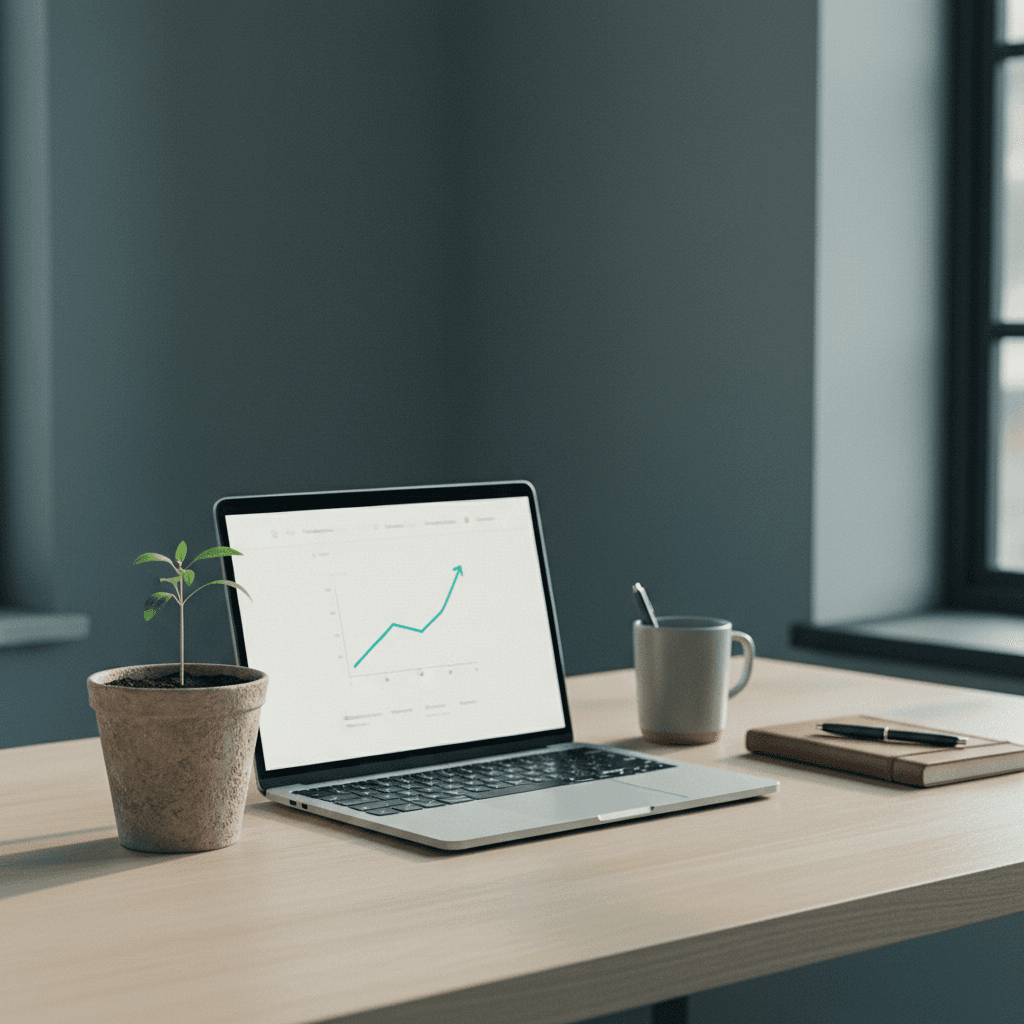 Small seedling growing next to a laptop showing a simple website with rising metrics