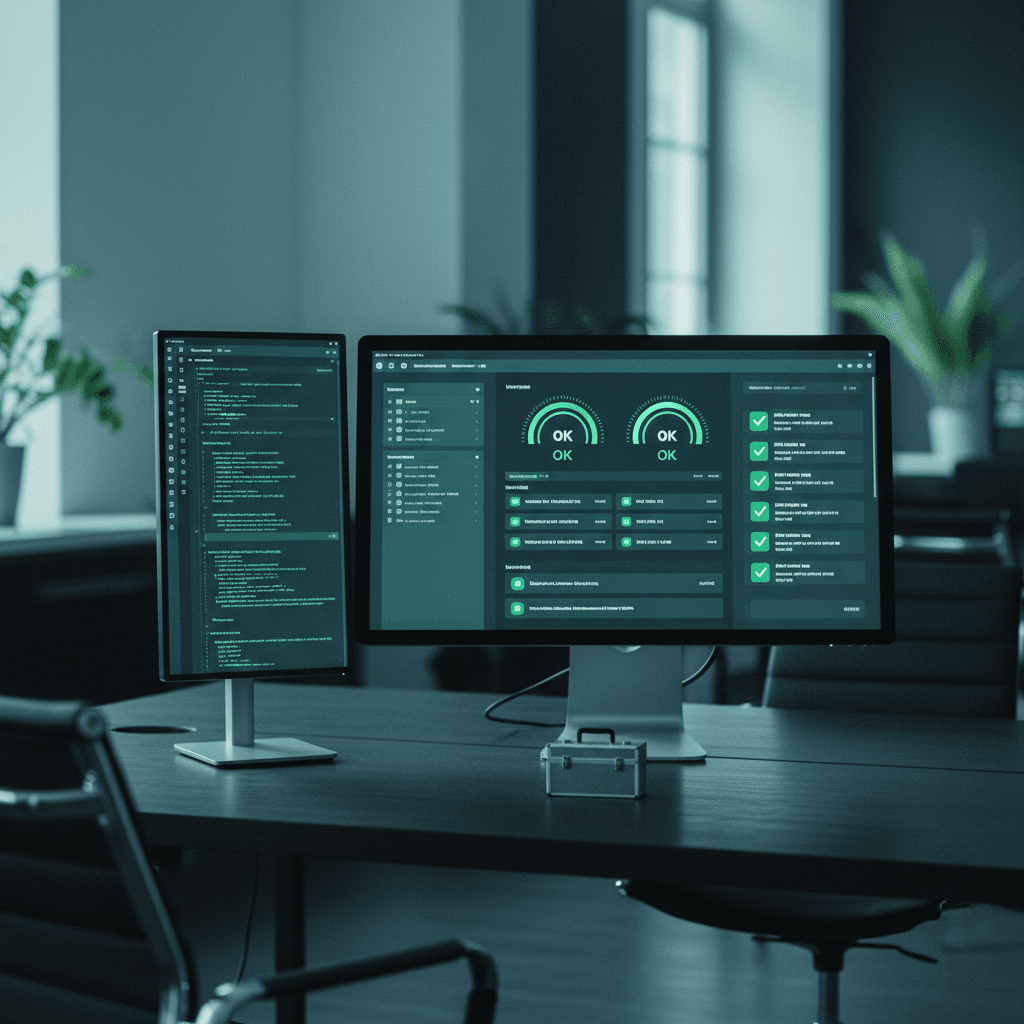 Website monitoring dashboard with health indicators and updates in progress in a technical teal setting