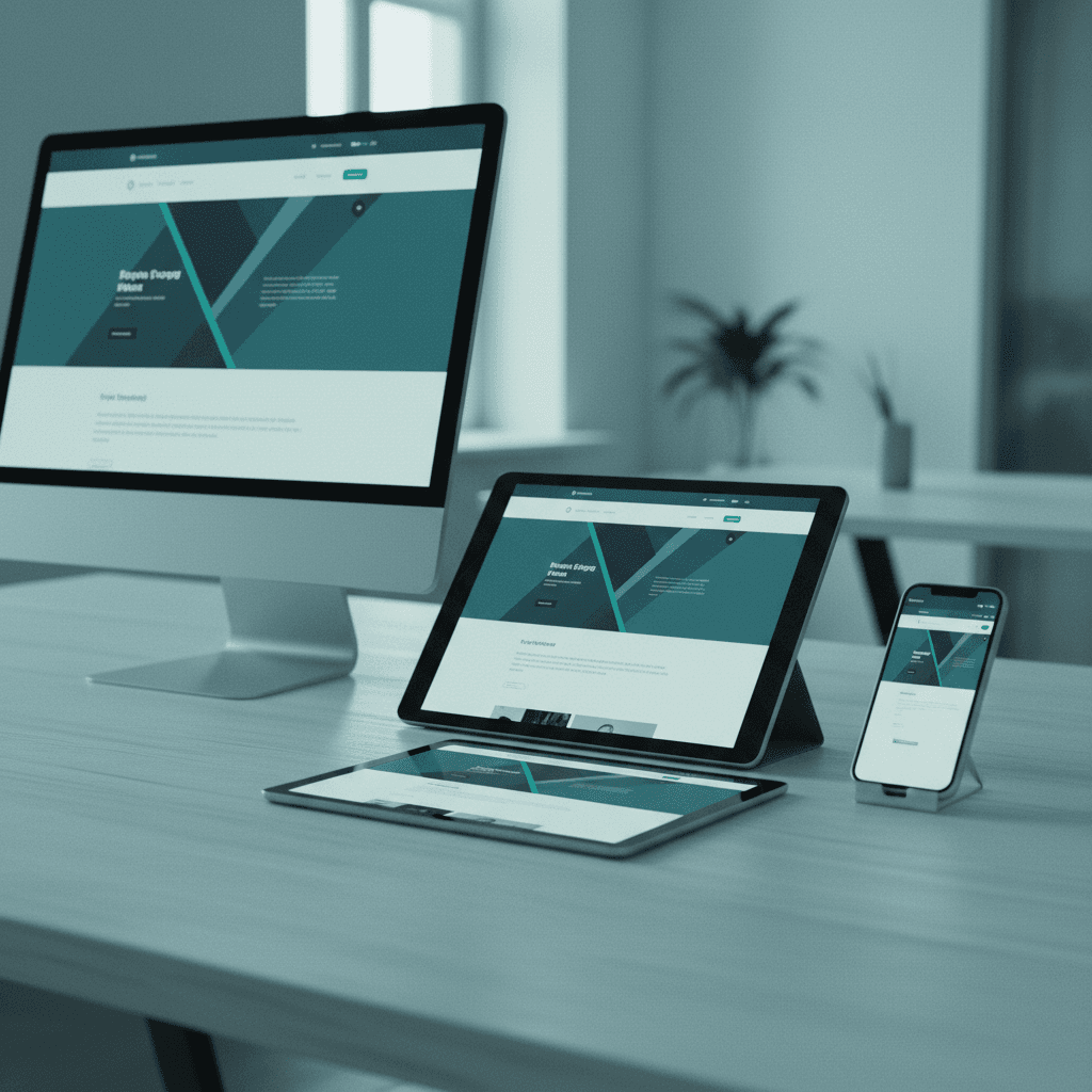 Website displayed on desktop, tablet and smartphone side by side showing responsive design in a teal palette