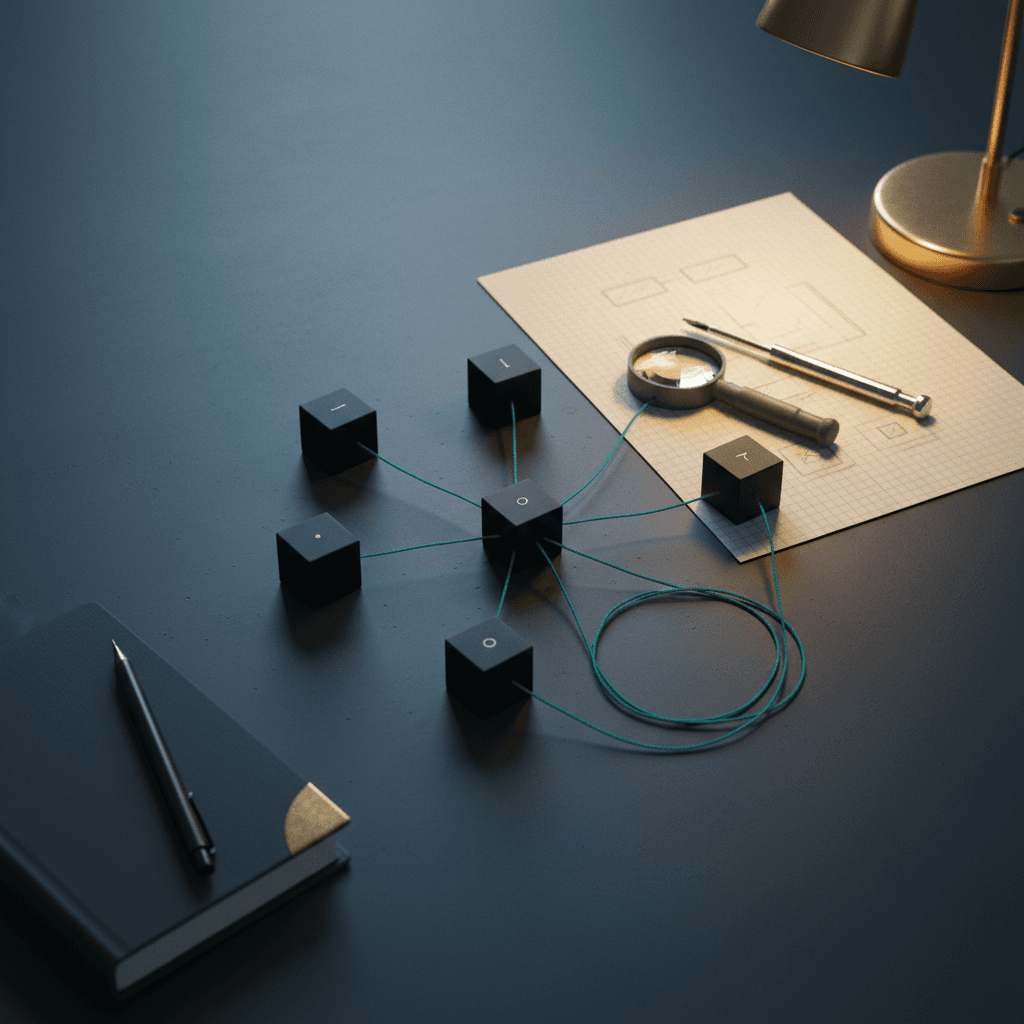 Cinque blocchi modulari connessi da fili teal su scrivania da ingegneria — sistema multi-agente AI con orchestrazione