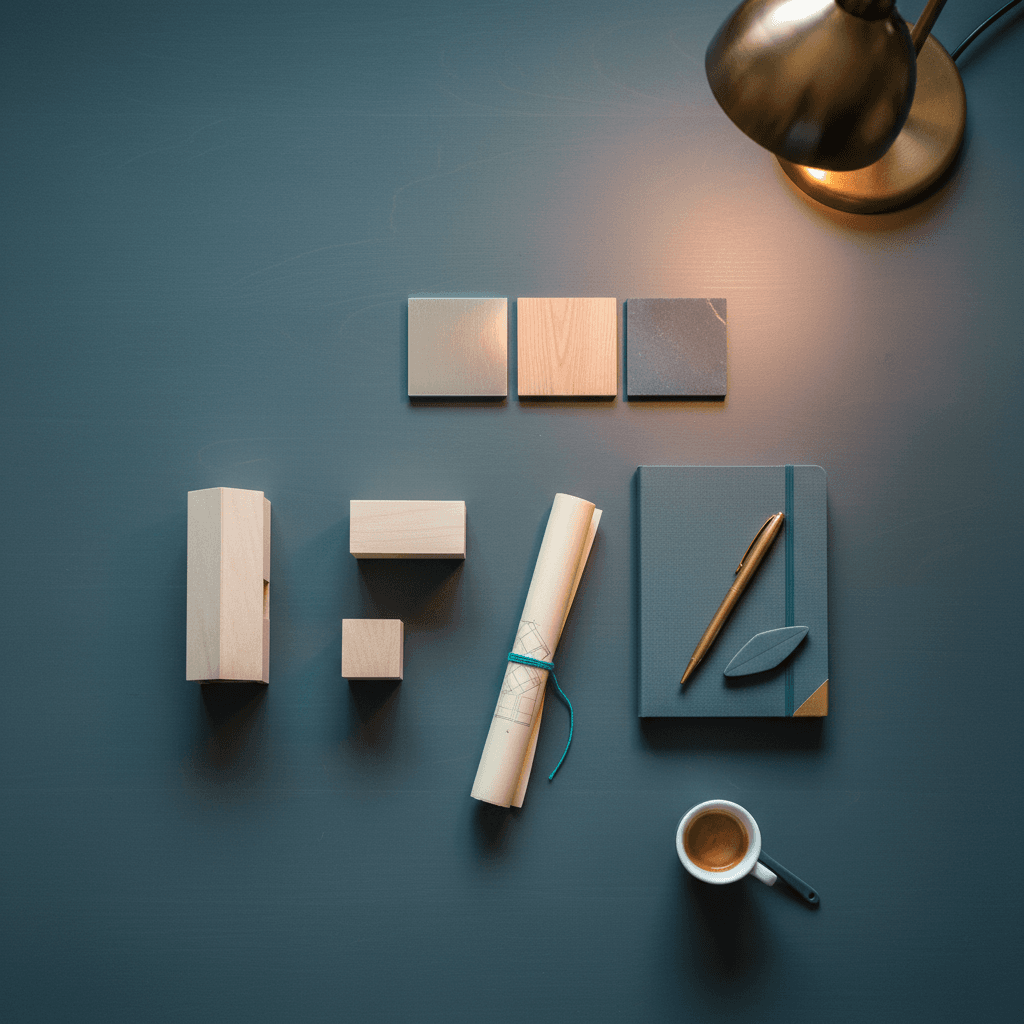 Flat lay editoriale con maquette architettoniche industriali e disegno tecnico legato con filo teal — Consulente AI a Brescia per PMI manifatturiere