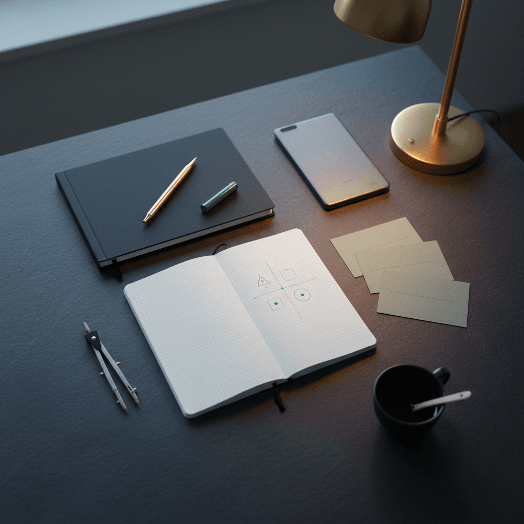 Scrivania editoriale con notebook, matrice di scoping e strumenti di valutazione — Consulente AI per aziende italiane