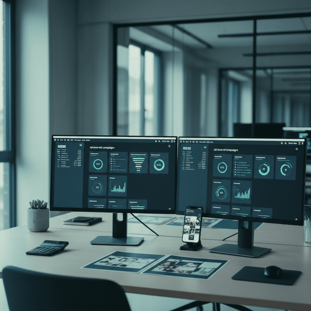 Workspace creativo con campagne pubblicitarie digitali su schermi multipli con metriche ROI in palette teal e slate