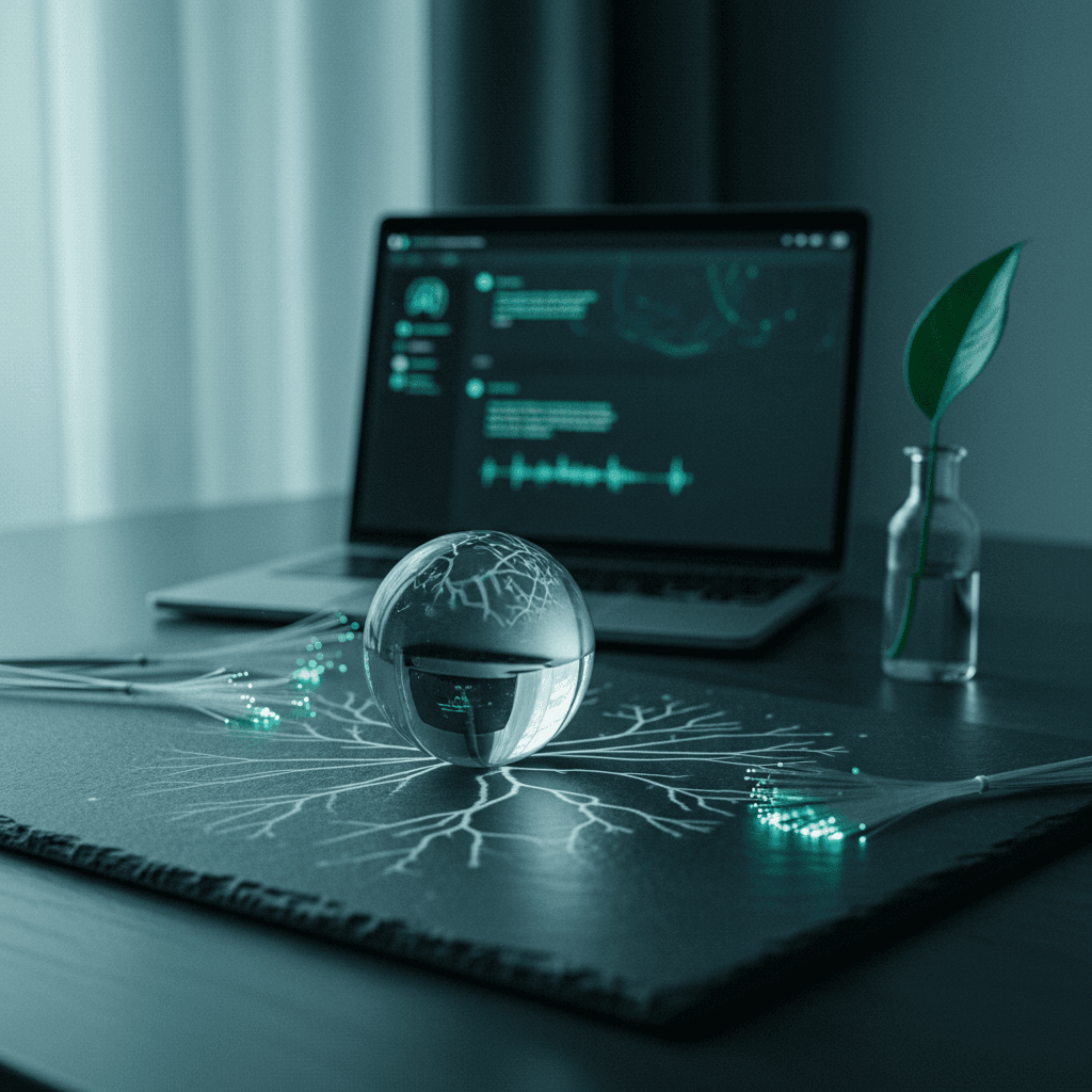 Composizione astratta con pattern neurali e luce attraverso materiali traslucidi che evoca intelligenza artificiale in toni teal