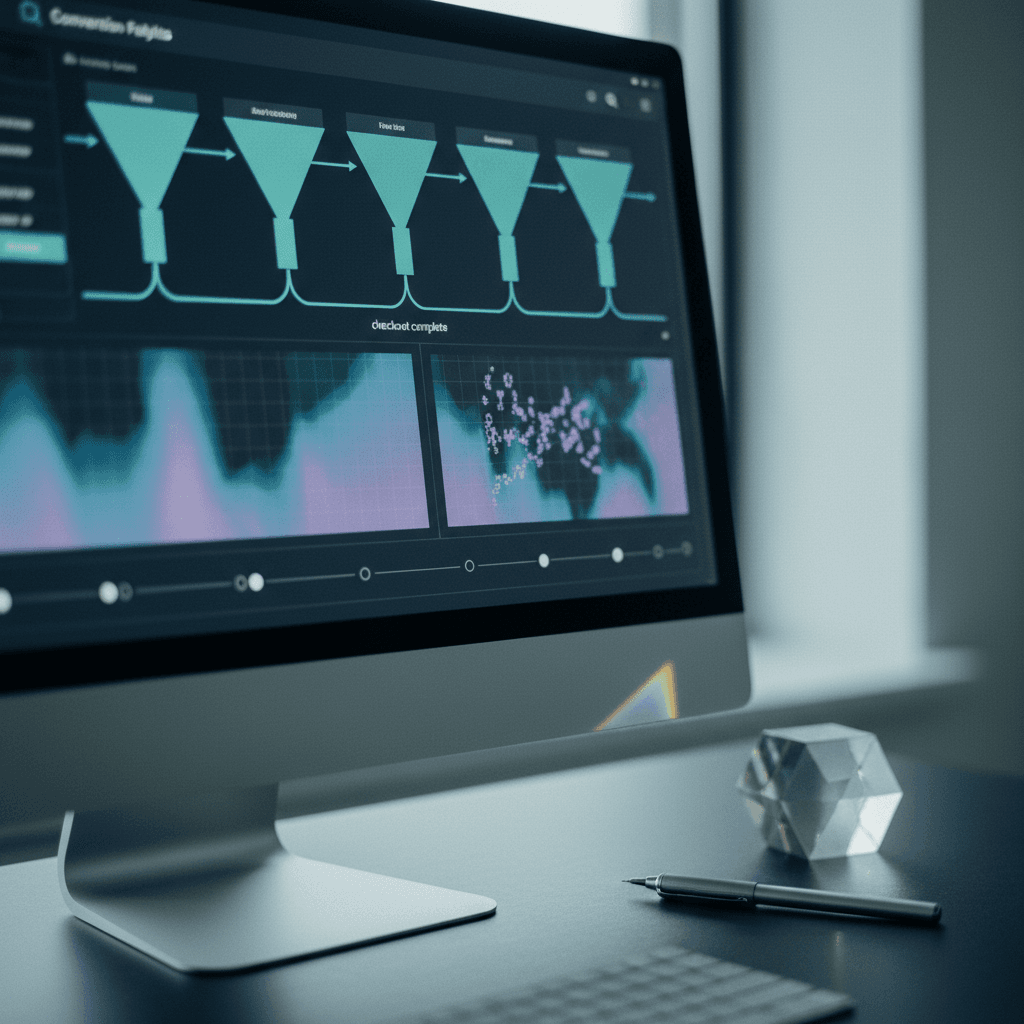 Close-up di dashboard analytics con grafici di conversione e funnel su schermo con riflessi in tonalita teal