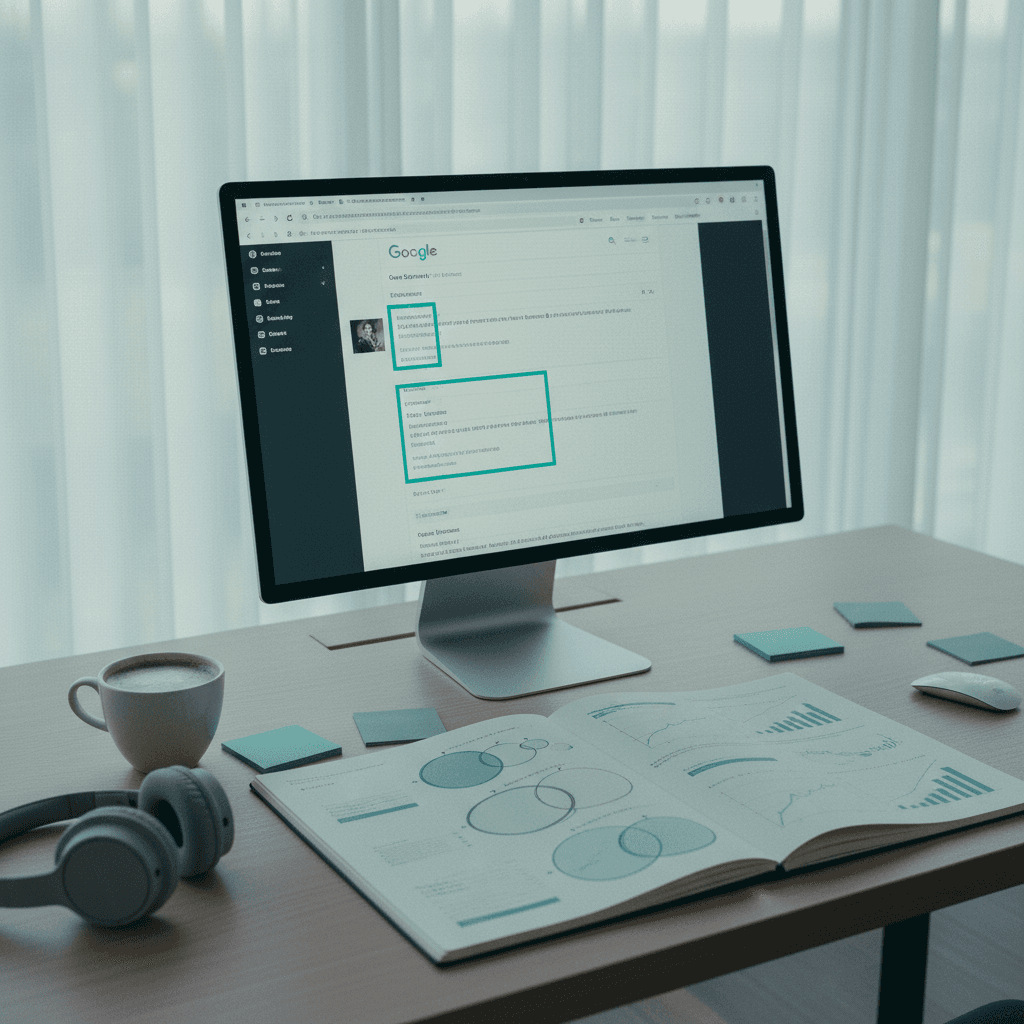 Scrivania con strumenti SEO, notebook con grafici di posizionamento organico e monitor con SERP Google in palette teal