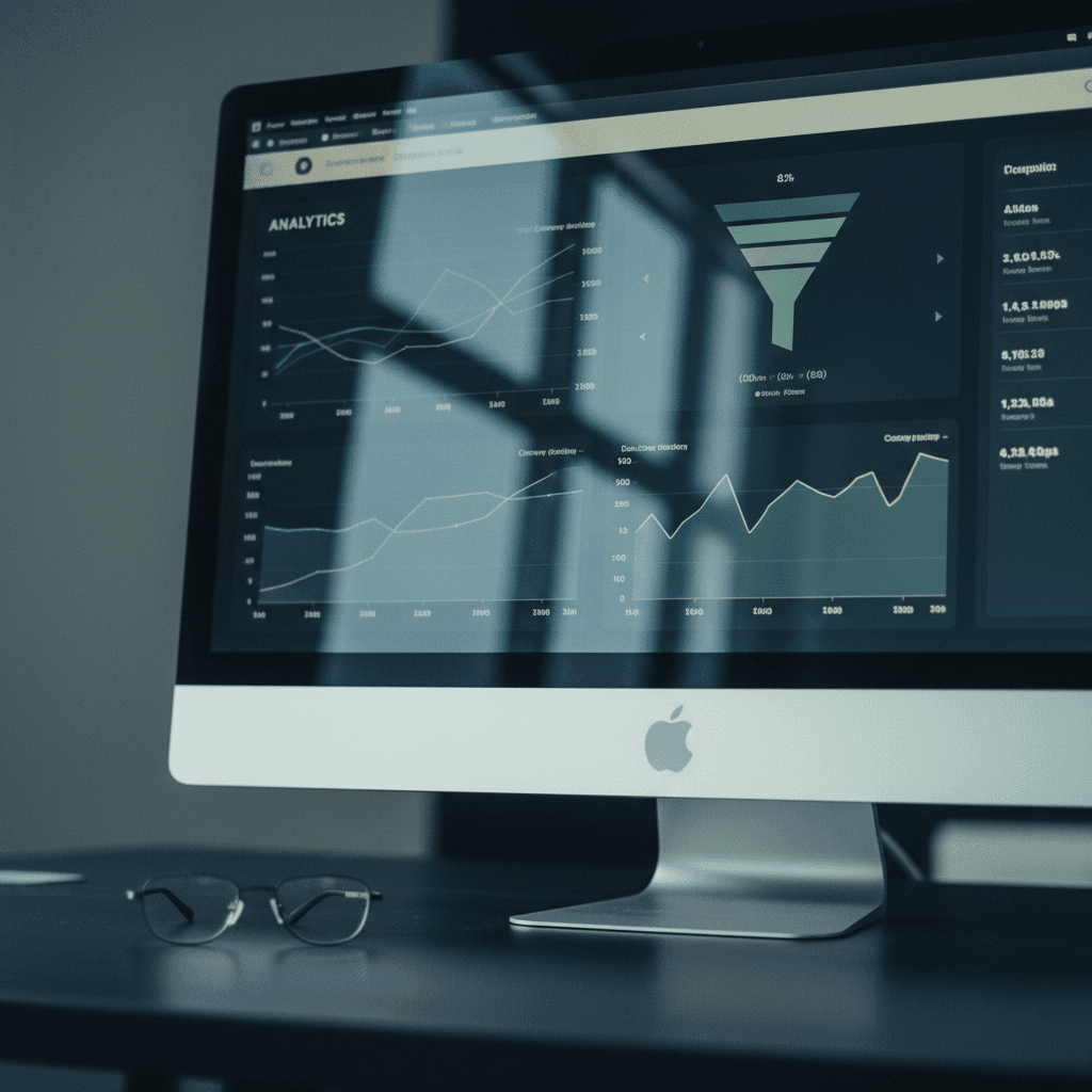 Macro dettaglio di dashboard analytics con visualizzazioni dati e metriche su schermo con riflessi teal