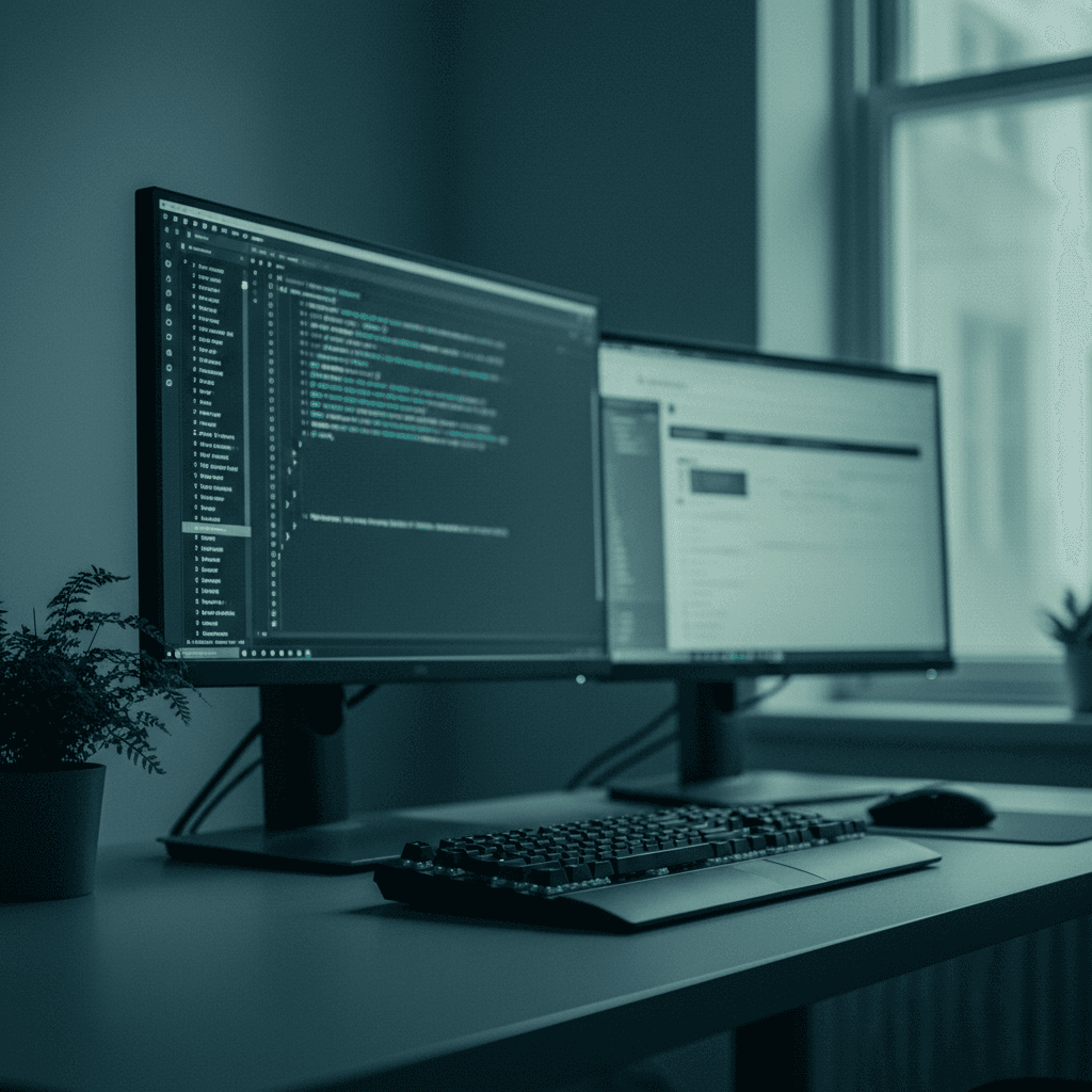 Dettaglio di schermo con codice e tag di tracciamento in ambiente di lavoro minimalista con luce diffusa