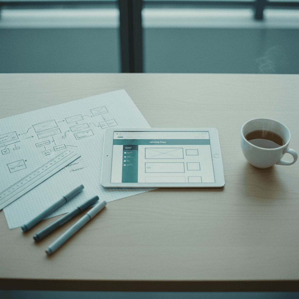 Wireframe e mockup di landing page su tablet e carta in un workspace creativo minimalista