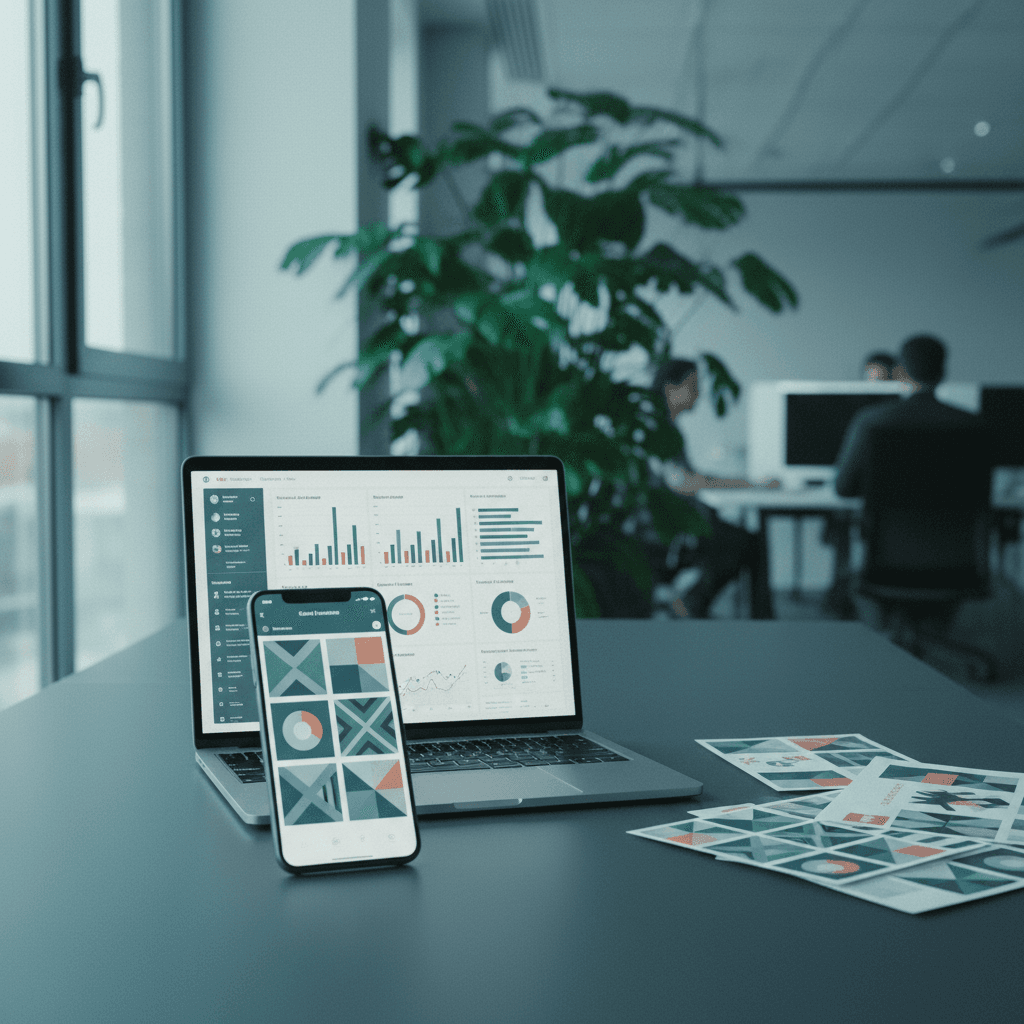 Smartphone e laptop con campagne social advertising in workspace dinamico con palette teal e slate