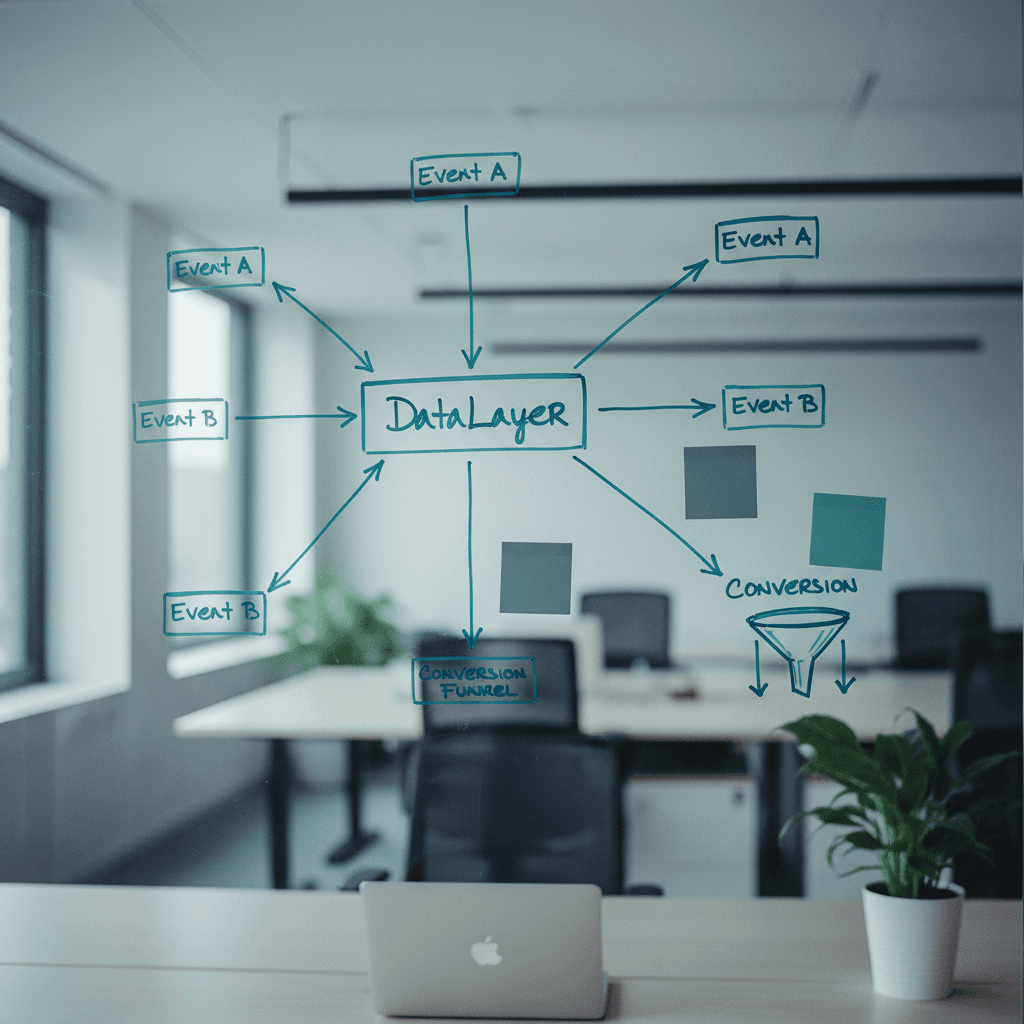 Diagramma di architettura dati e flussi di tracciamento su lavagna con elementi teal in ambiente professionale
