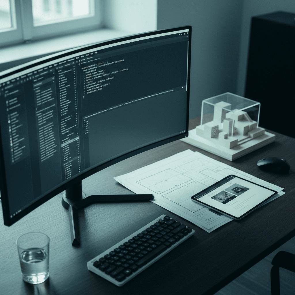web-development-categoria-servizi.png Setup di sviluppo web con codice su monitor e wireframe su carta in ambiente minimalista con luce teal ambientale