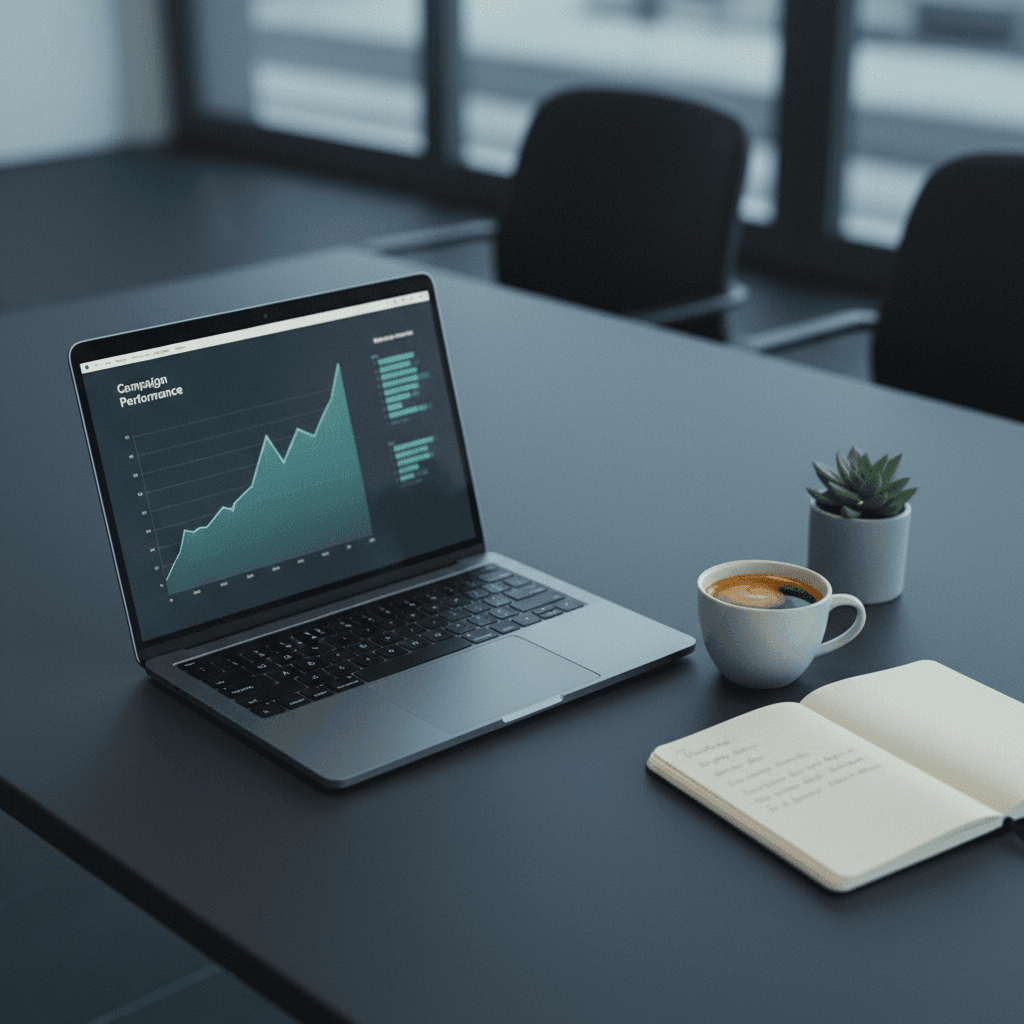 google-ads-management-consulente-brescia.png Workspace professionale con laptop che mostra grafici di performance campagne Google Ads con trend in crescita color teal