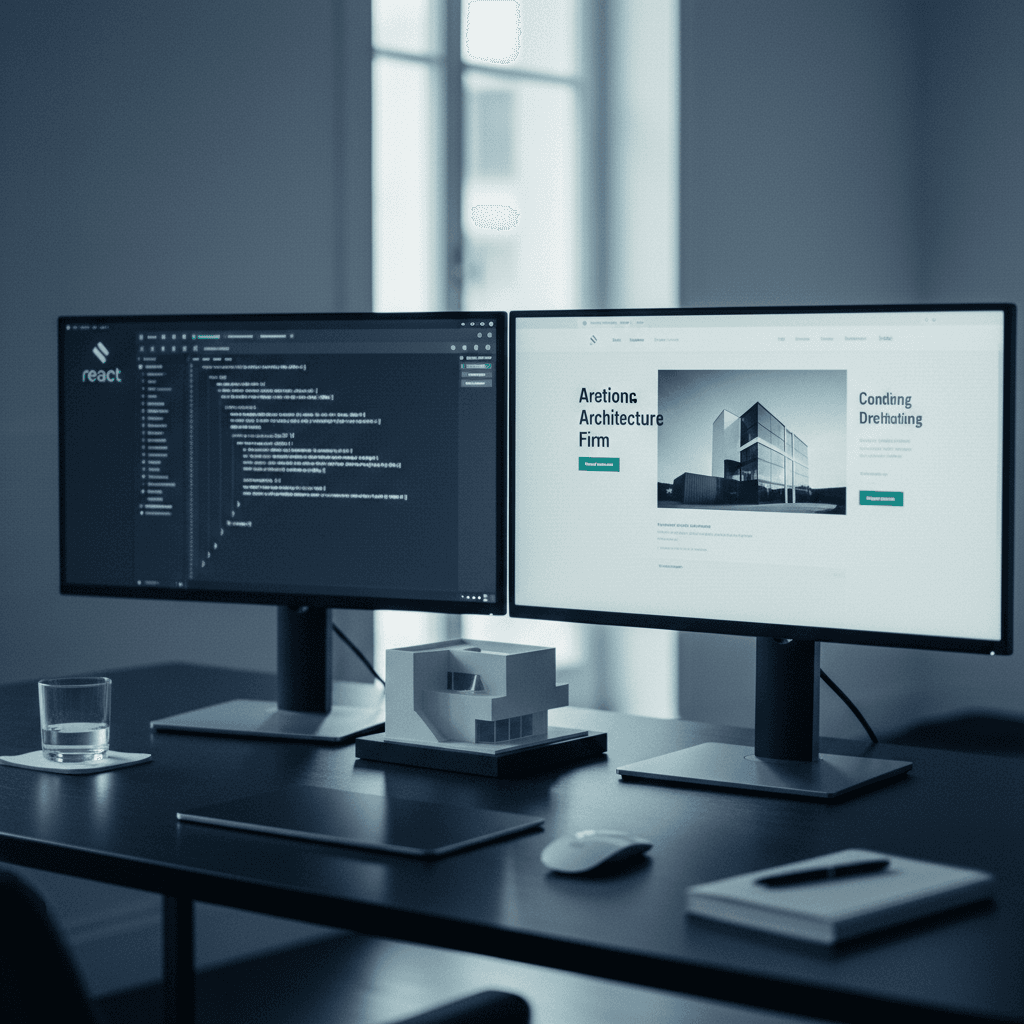 sviluppo-sito-web-seo-oriented.png Monitor con codice e anteprima sito web in ambiente di sviluppo professionale con luce ambientale teal